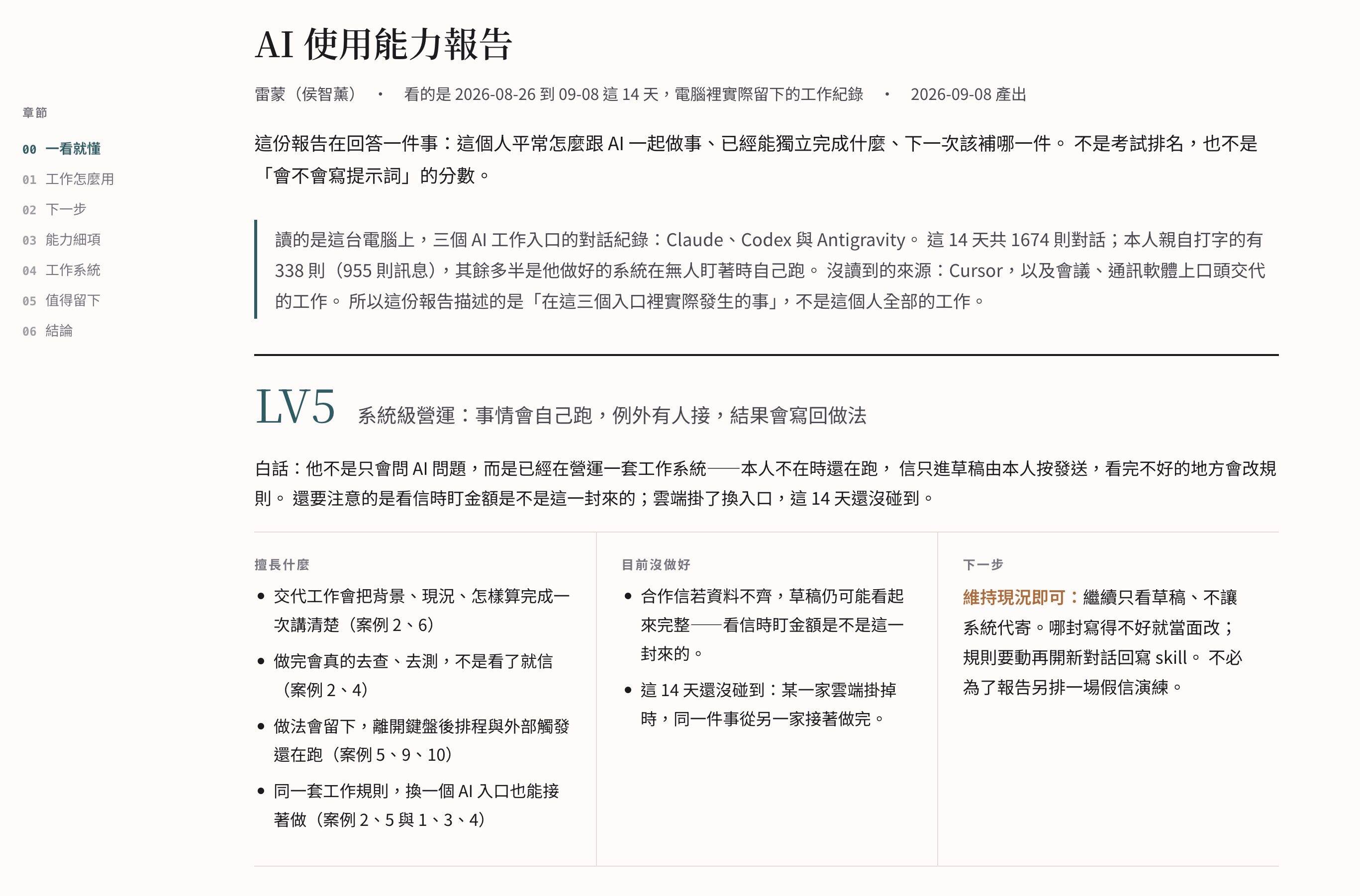 AI 幾級了報告總覽：等級、擅長什麼、沒做好、下一步