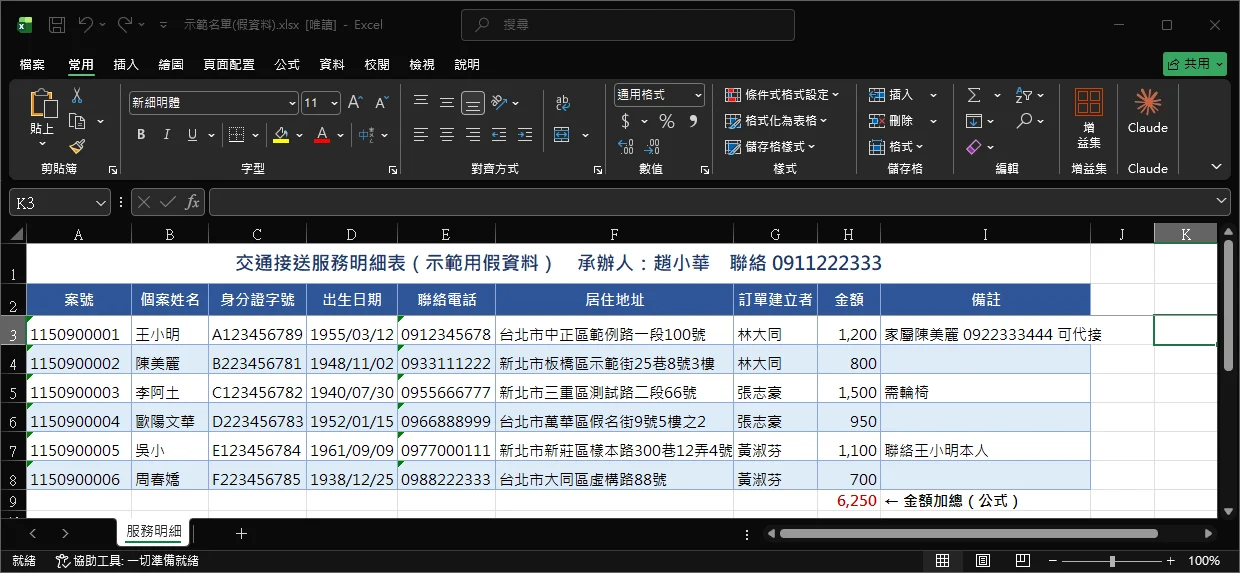 遮蔽前的 Excel 畫面，假資料