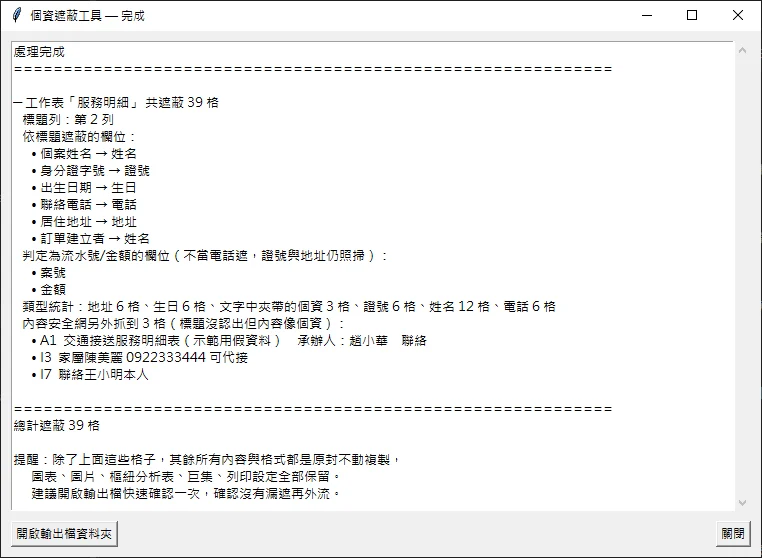 工具跑完後的結果報告，列出依標題遮蔽的欄位與總計遮蔽格數