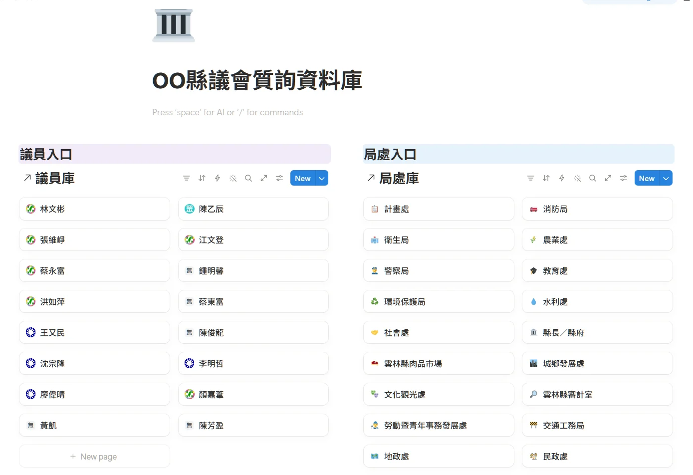 Notion 首頁可從議員與局處兩種入口查閱歷次質詢
