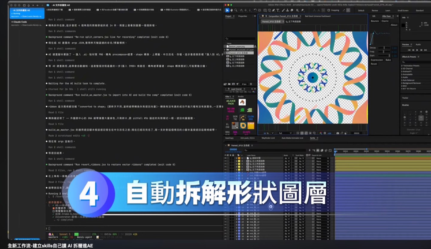 Claude Code 跑拆層 Skill 的過程，右側 After Effects 視窗同步自動建立圖層與合成
